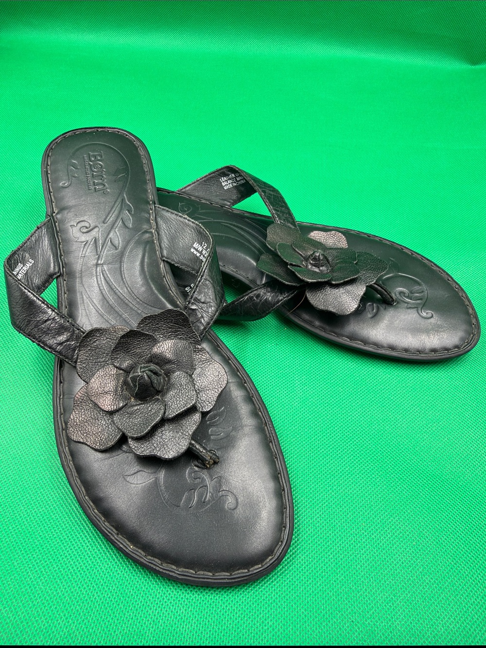 Born Black Leather Floral Thong Sandals